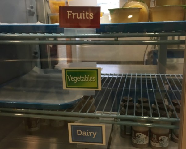 Three labeled shelves for fruits, vegetables and dairy; the veggie shelf is empty.