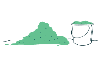 Illustration of bucket filled with fermented agave next to pile of fermented agave